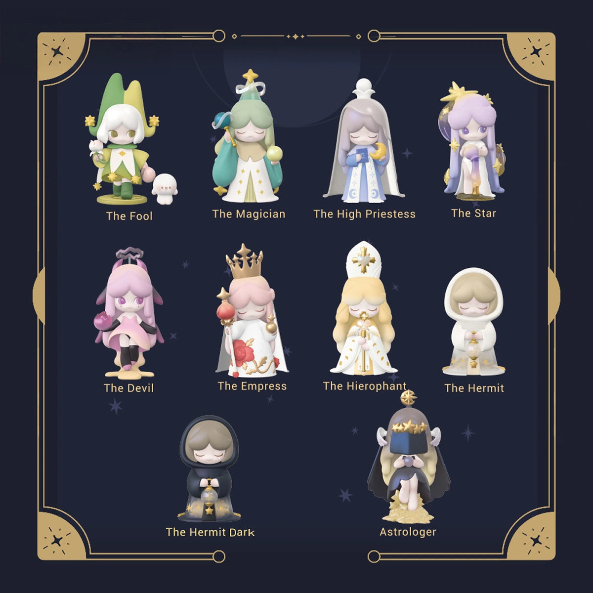 Full lineup of ten celestial tarot girl figures with names, LAPLLY Song of the Tarot blind box