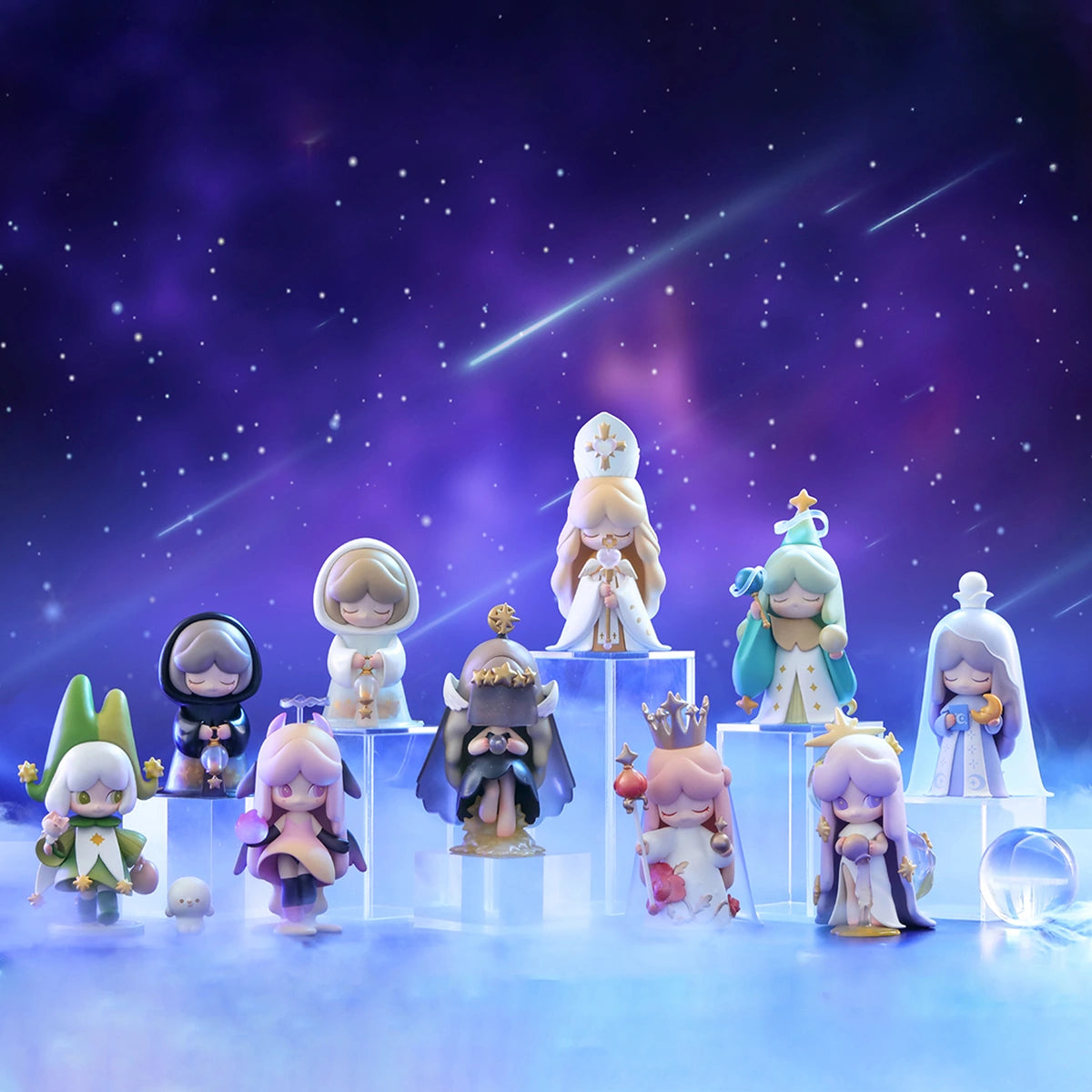 All ten LAPLLY Song of the Tarot figures displayed on risers under a starry sky, blind box