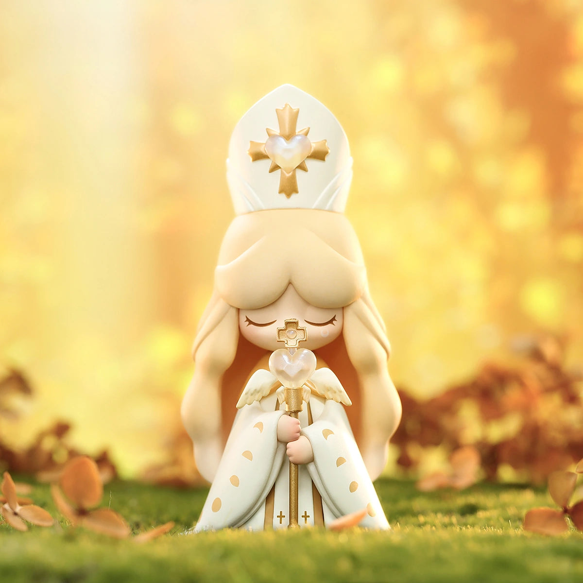The Hierophant blonde girl in white mitre clasping a gold cross staff in autumn light, LAPLLY Song of the Tarot