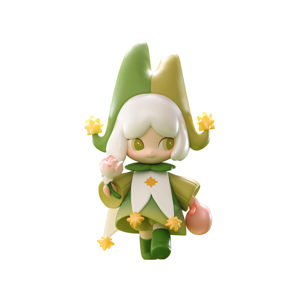 The Fool girl in a green starry jester hood holding a pink flower, LAPLLY Song of the Tarot