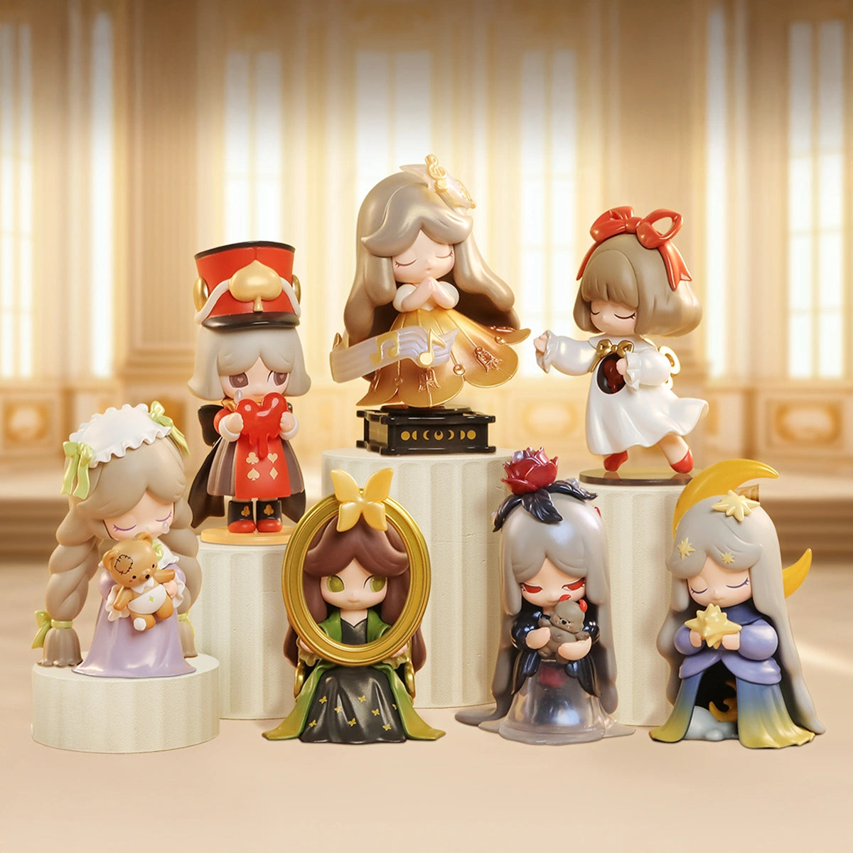 Full lineup of seven Laplly vintage-memory figures on display pedestals, Laplly Vintage Memory