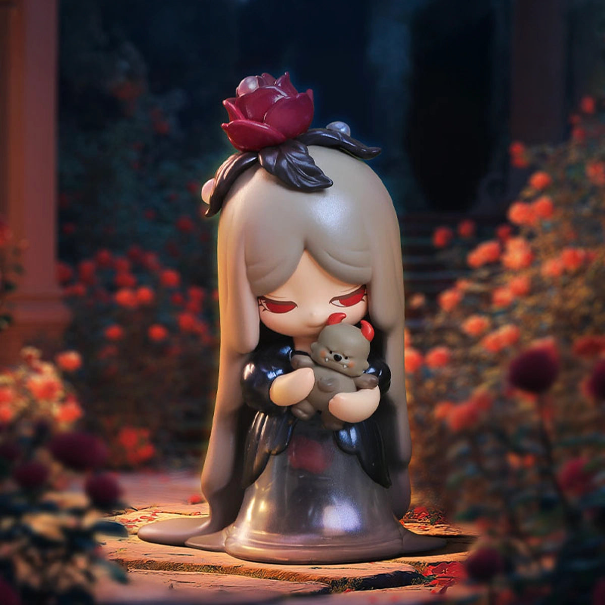 Rose of Love crying Laplly with a red rose hugging a small bear in a withered-rose garden, Laplly Vintage Memory