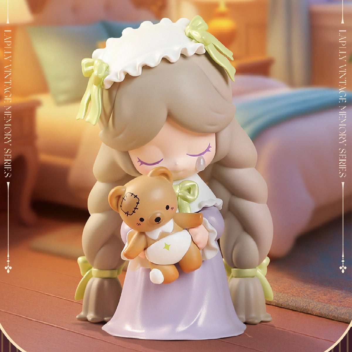 Childhood Memories Laplly in ruffled bonnet and lavender gown hugging a teddy bear, Laplly Vintage Memory