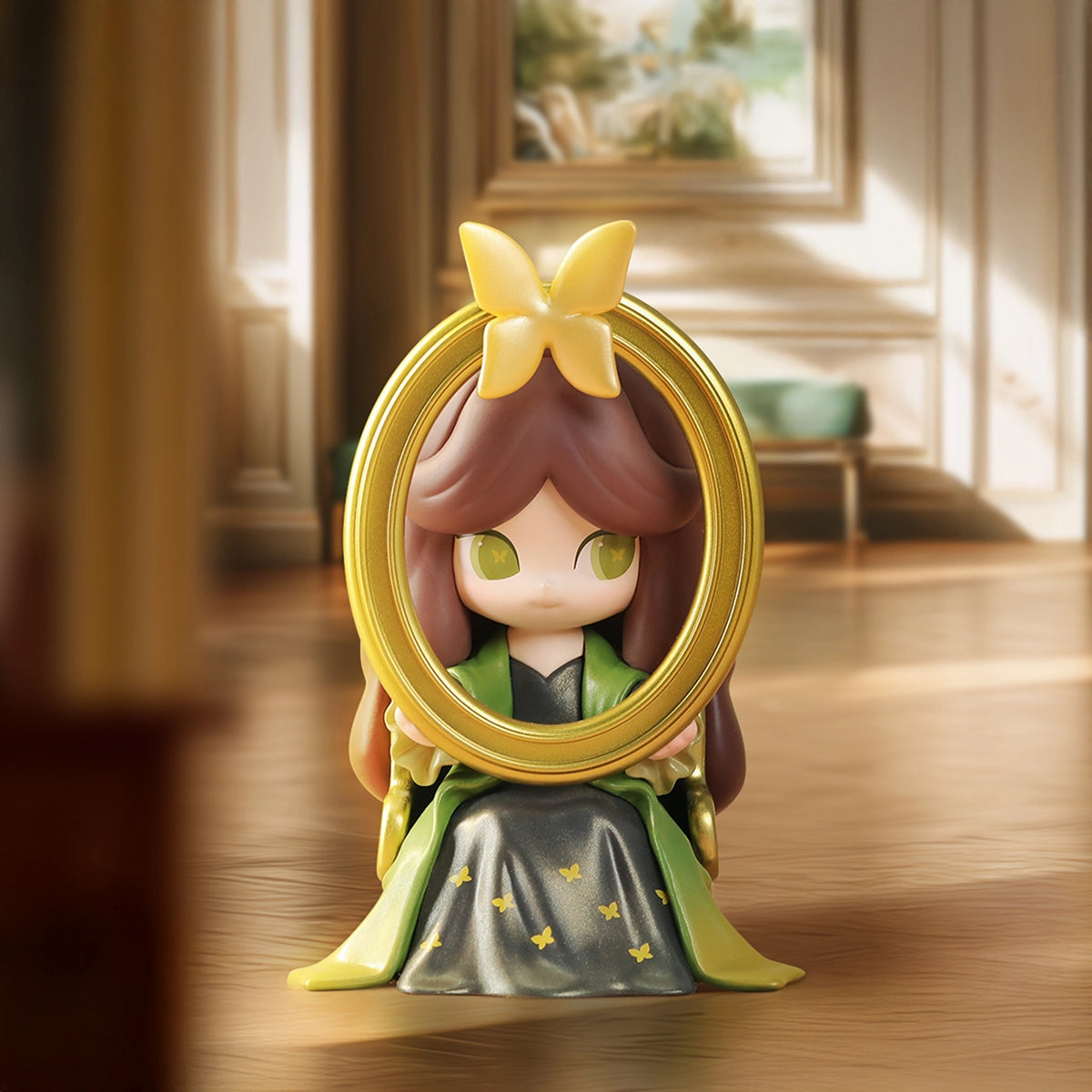 The Girl in the Portrait Laplly with yellow butterfly bow framed by an oval gold portrait, Laplly Vintage Memory
