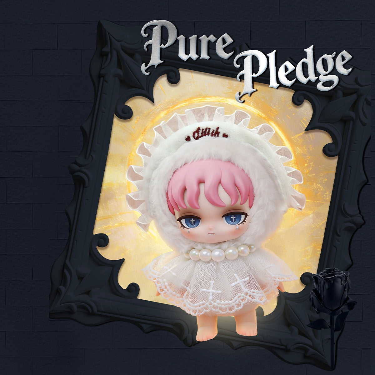 Secret Pure Pledge doll in white fur bonnet with pink hair and pearl collar, Lilith Forbidden Covenant by 52TOYS