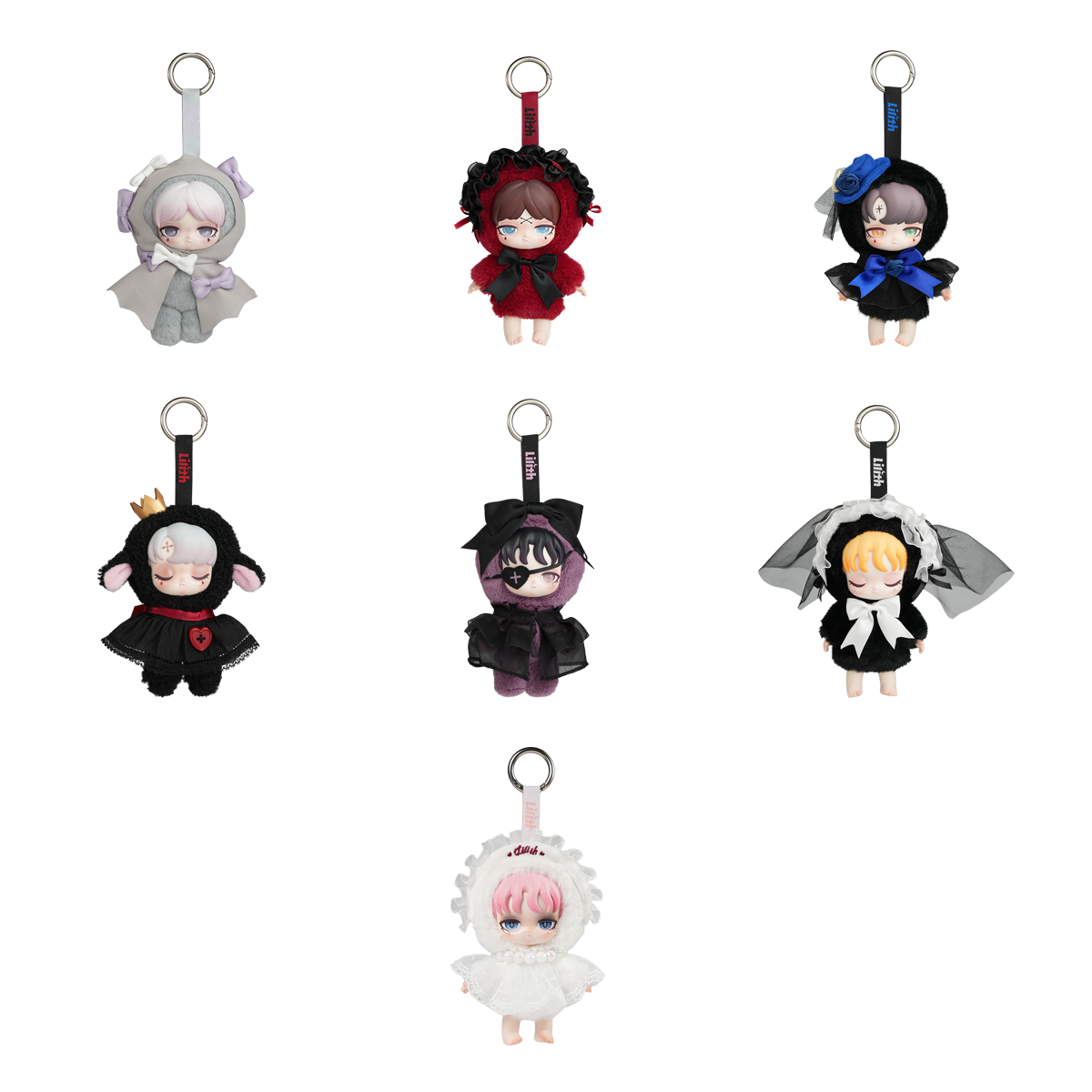Full set of seven gothic-lolita Lilith plush keychain dolls, Forbidden Covenant series by 52TOYS