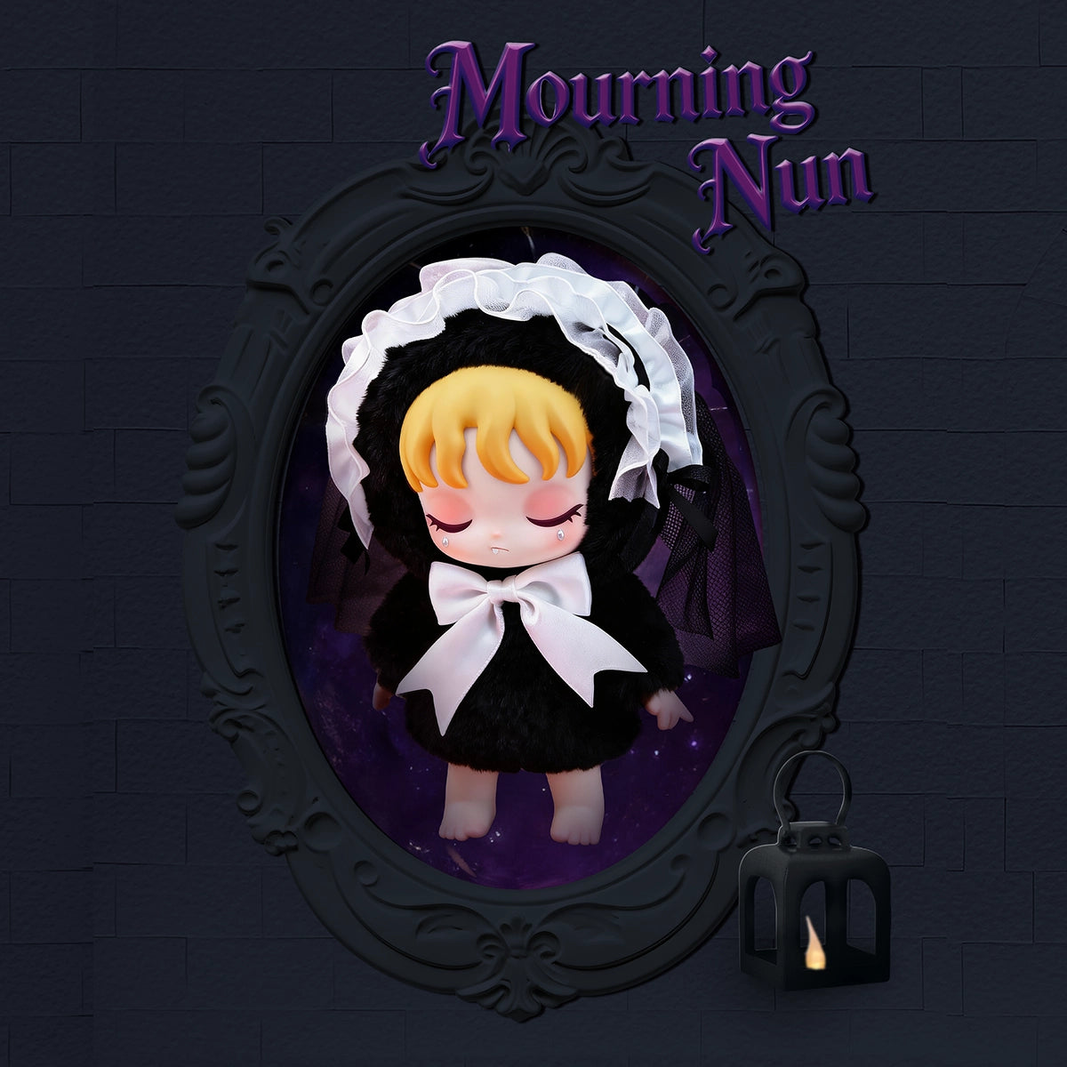 Mourning Nun doll with blonde hair and white veil framed in a gothic portrait, Lilith Forbidden Covenant by 52TOYS