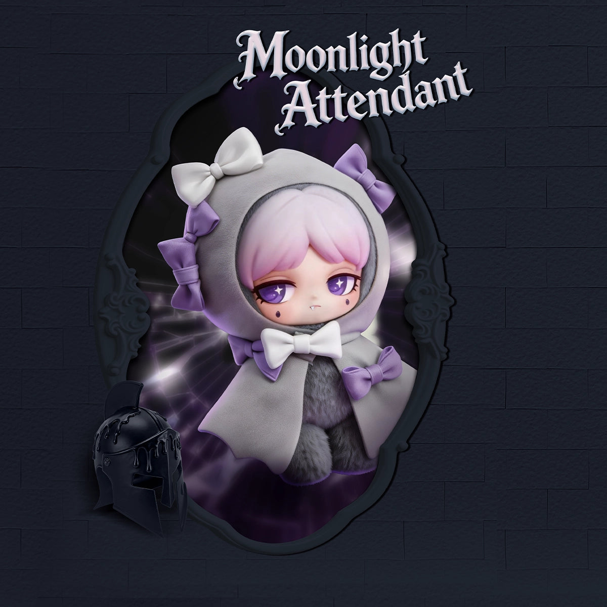 Moonlight Attendant doll in gray cat-eared hood with pink hair and bows, Lilith Forbidden Covenant by 52TOYS