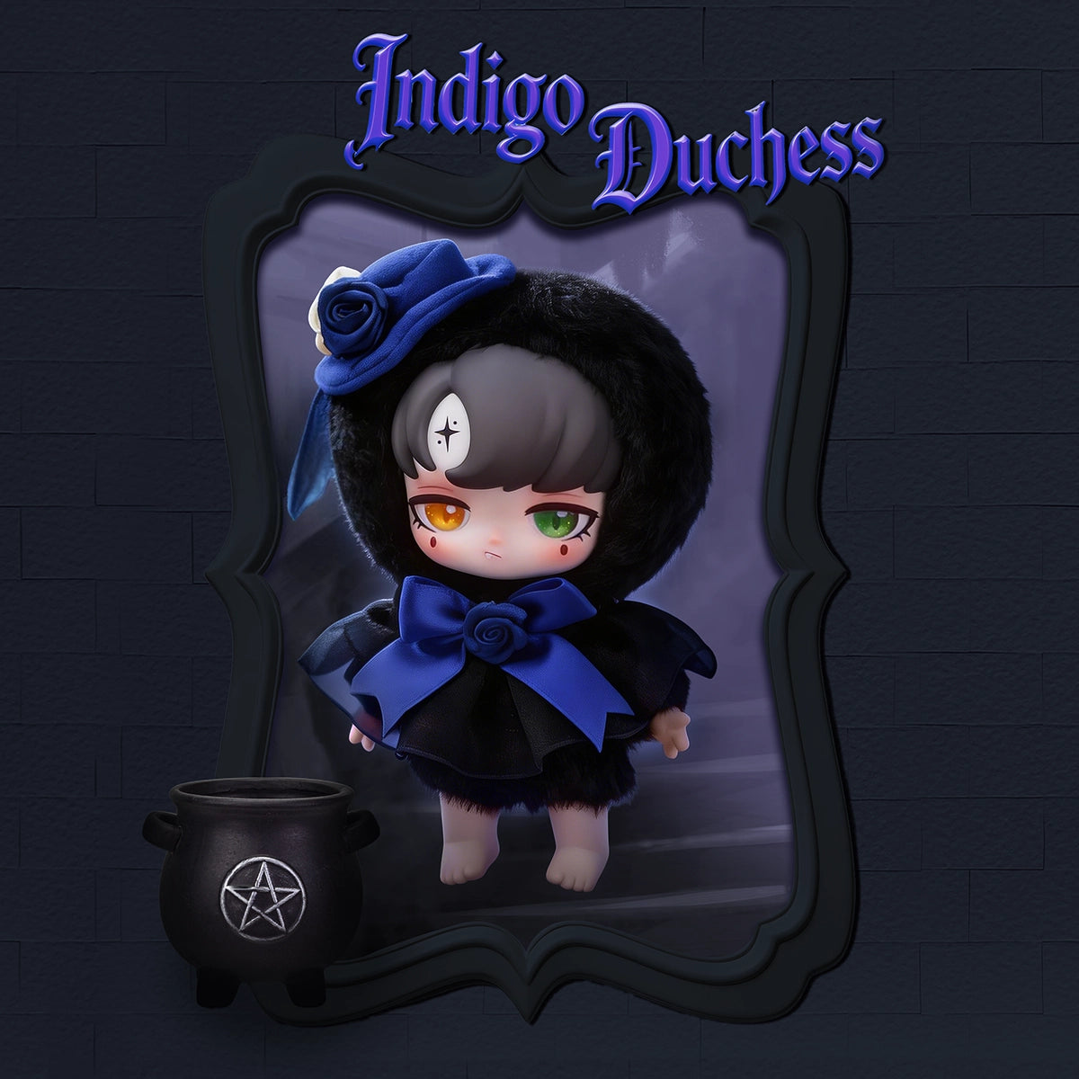 Indigo Duchess doll with blue rose hat and heterochromia eyes, Lilith Forbidden Covenant by 52TOYS