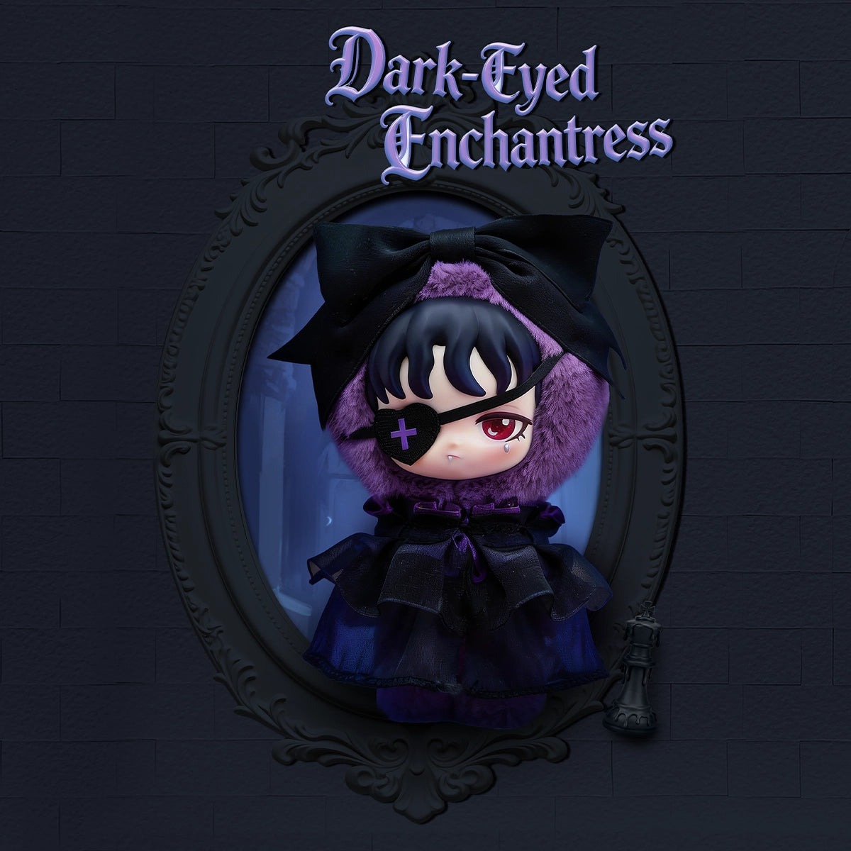 Dark-Eyed Enchantress doll in purple fur hood with black heart eyepatch, Lilith Forbidden Covenant by 52TOYS