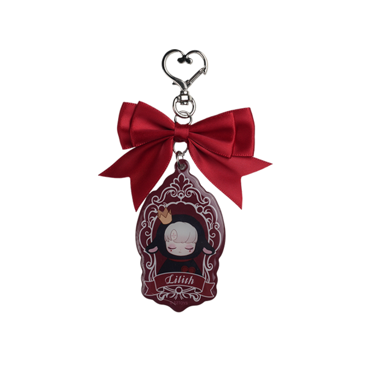 Lilith Forbidden Covenant acrylic keychain with deep red bow and wine-toned chibi vampire cameo charm, by 52TOYS