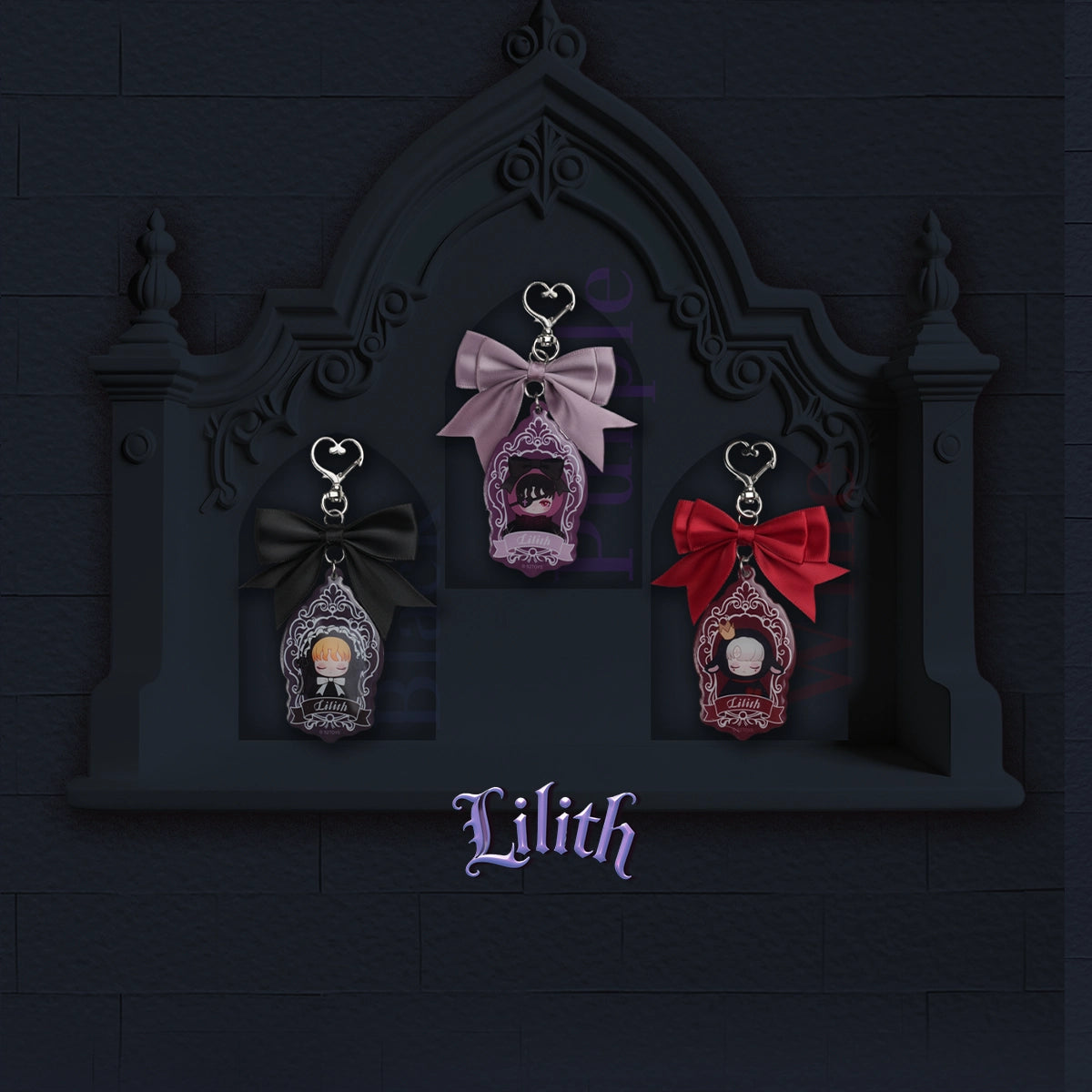 Full lineup of Lilith Forbidden Covenant acrylic keychains in black, mauve and red on a gothic display shelf
