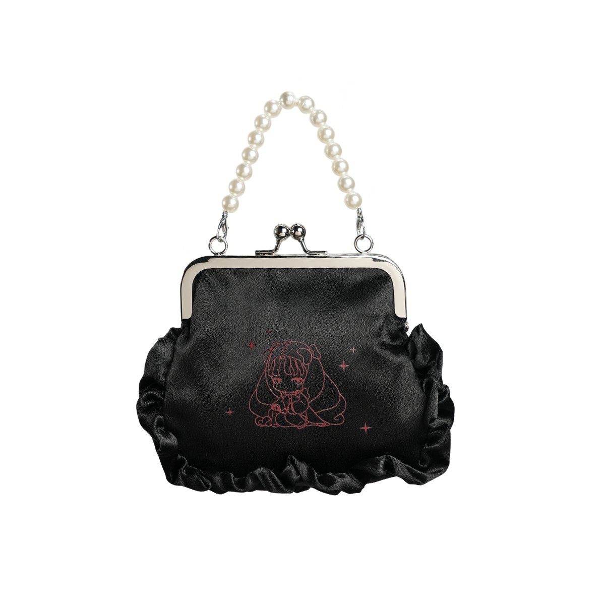 Forbidden Covenant black frilly kiss-lock handbag with pearl chain and red Lilith print, gothic series