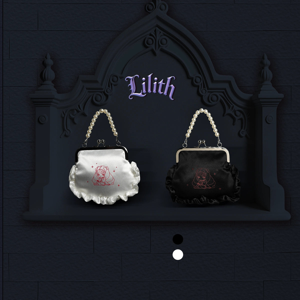 White and black Forbidden Covenant frilly handbags on a gothic Lilith shelf, dark fairytale series