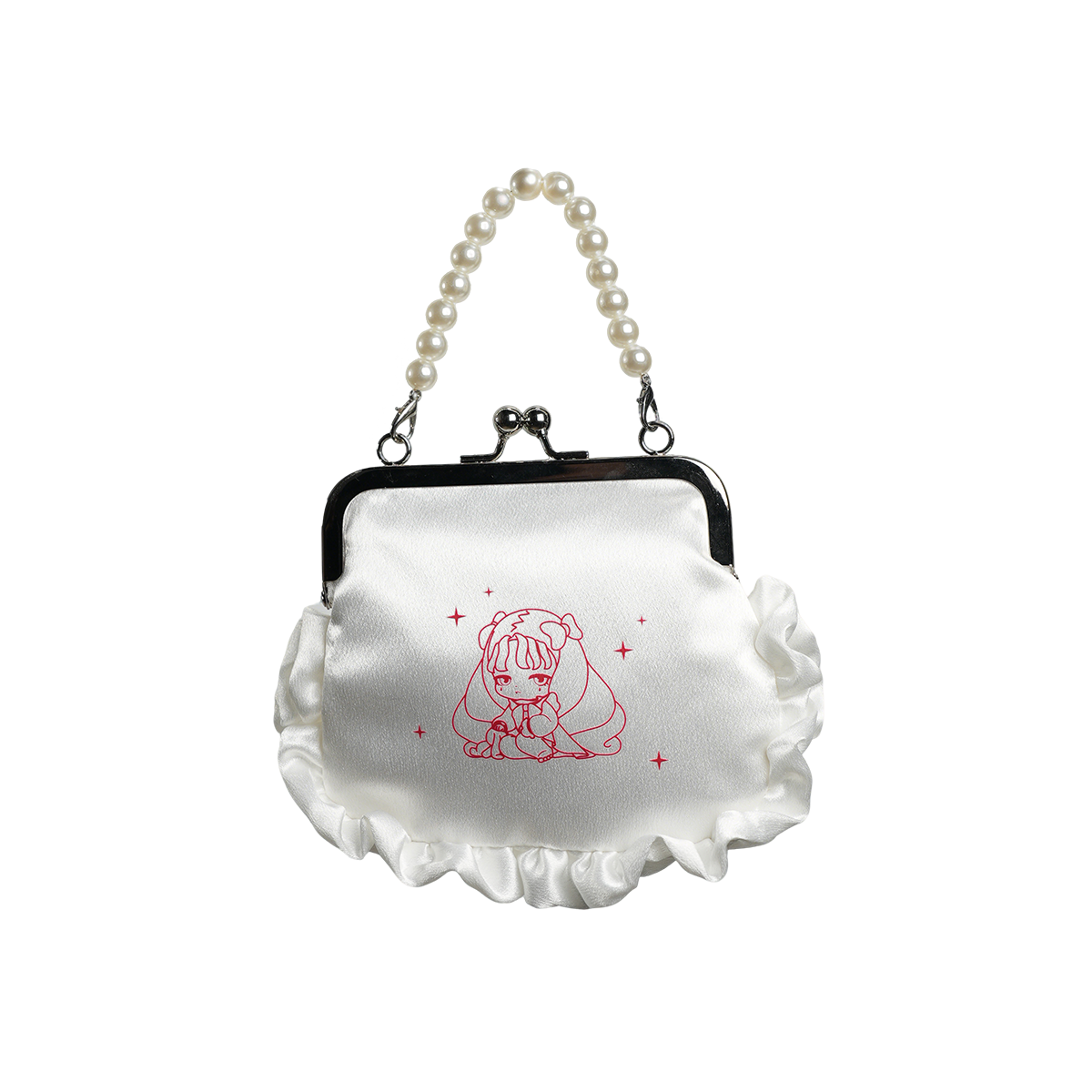 Forbidden Covenant white frilly kiss-lock handbag with pearl chain and pink Lilith print, gothic series