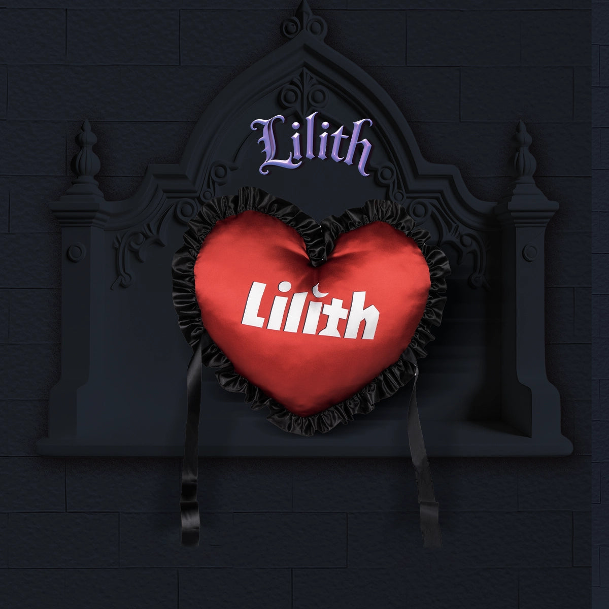 Lilith Forbidden Covenant red ruffled heart pillow displayed on a gothic castle shelf
