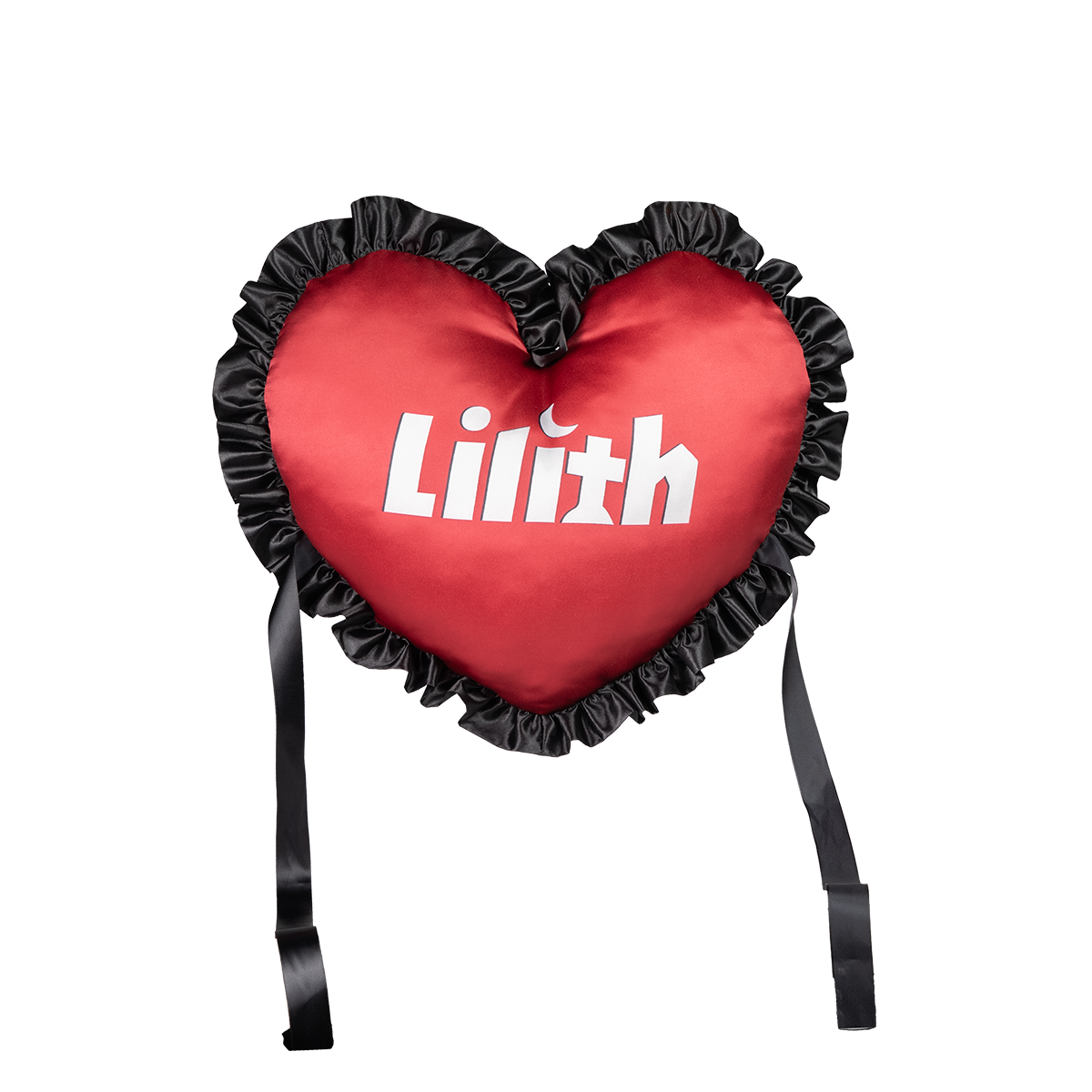 Lilith Forbidden Covenant red heart plush pillow with black lace ruffle trim and white gothic Lilith logo