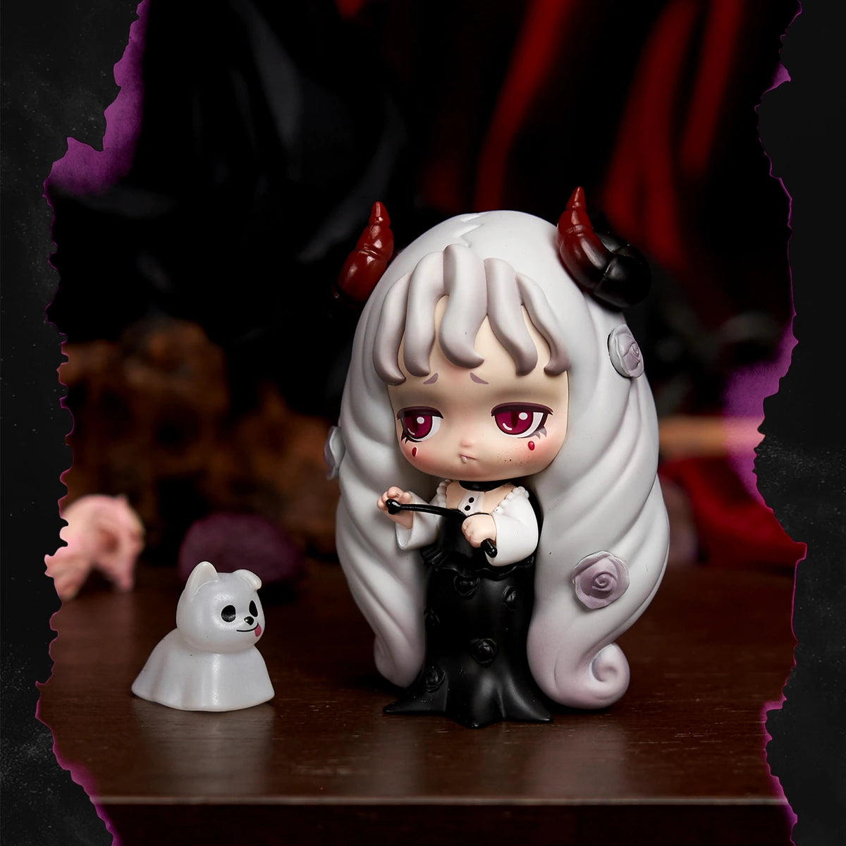 White-haired Lilith in a black horned gown standing beside a tiny white ghost