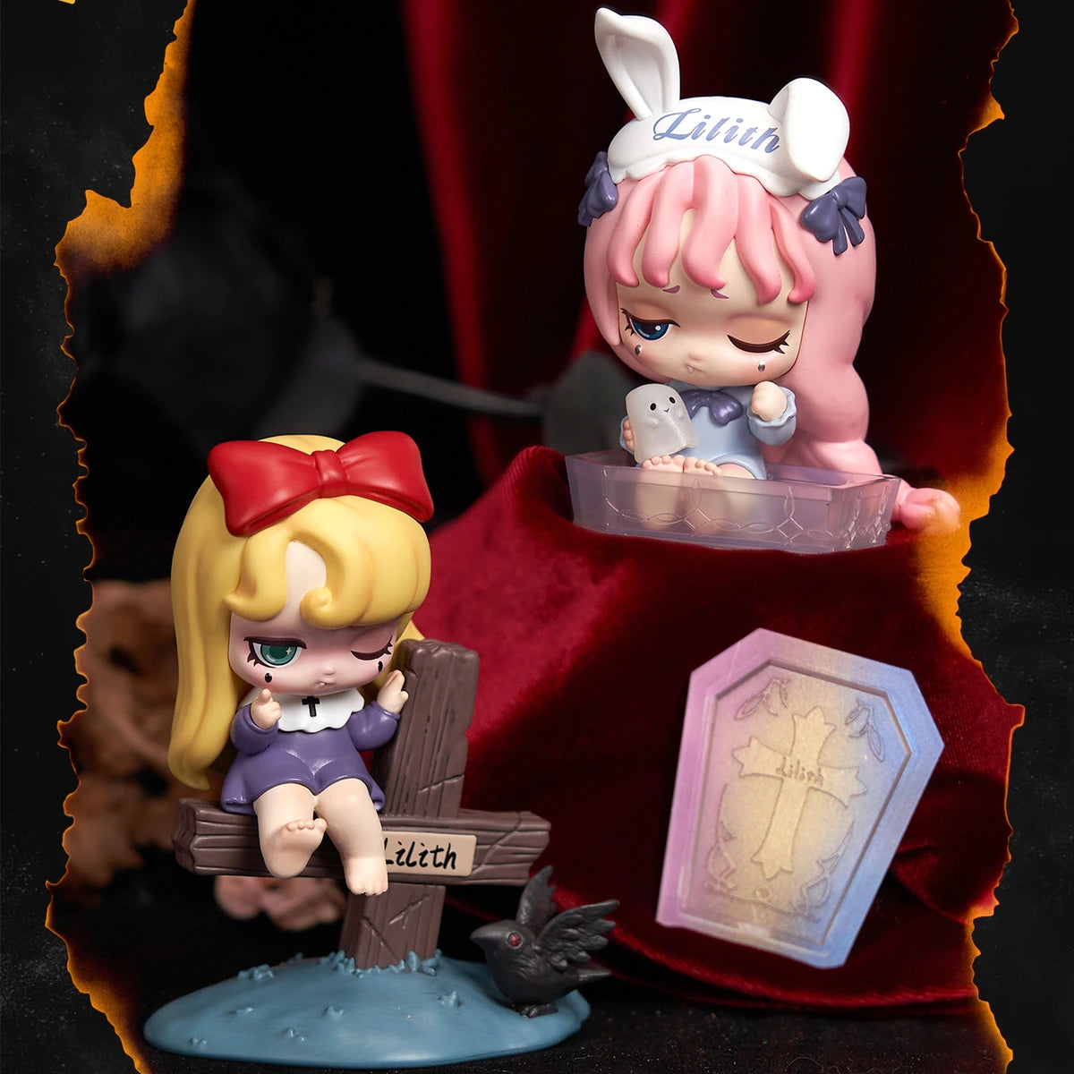 Three Lilith Nocturnal Shroud figures posed with grave, coffin, and crow accessories