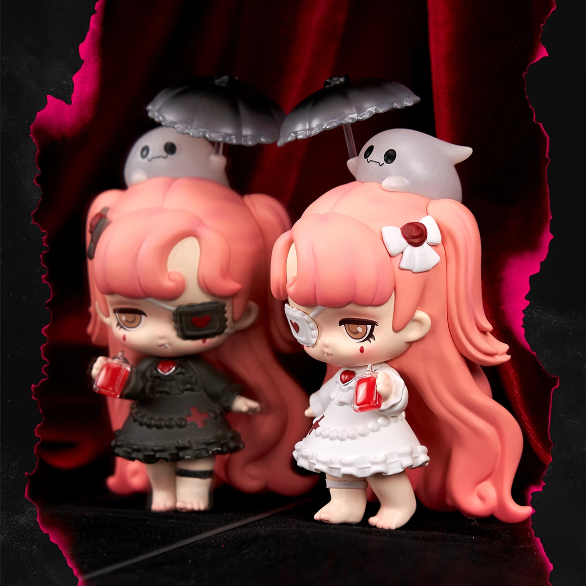 Two pink-haired Lilith figures in dark eyepatch and white parasol outfits