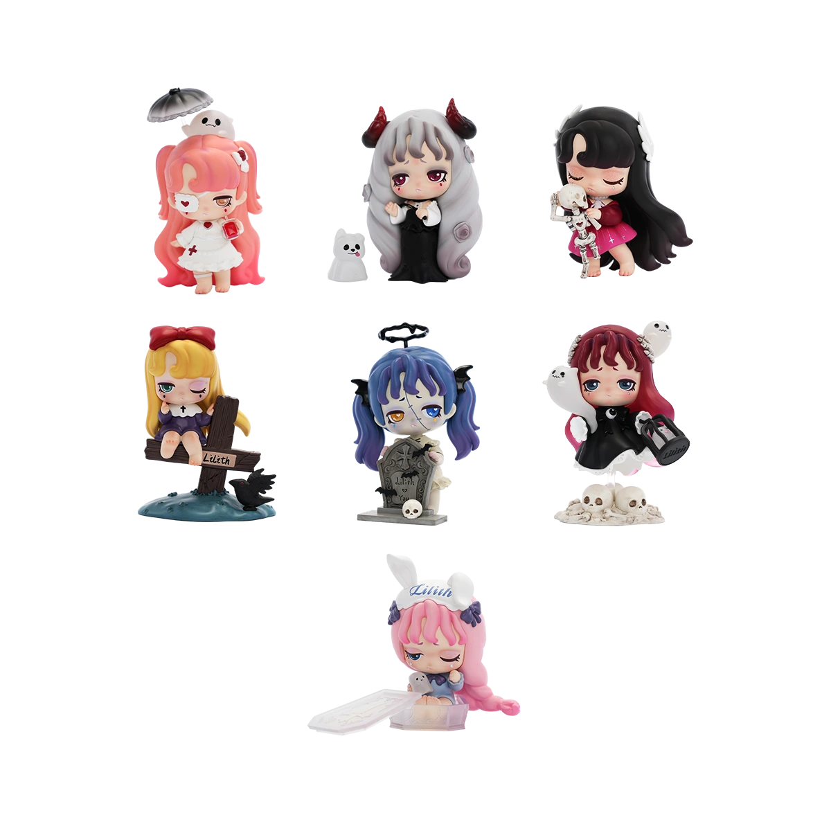Full set of seven gothic vampire-princess Lilith Nocturnal Shroud figures with little ghosts, blind box