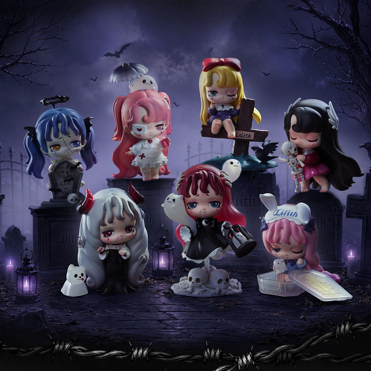 All seven Lilith Nocturnal Shroud figures posed in a haunted graveyard scene, gothic blind box