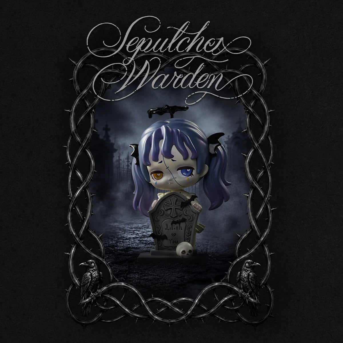Sepulcher Warden blue-haired girl with stitched eyes leaning on a Lilith cross gravestone, Nocturnal Shroud