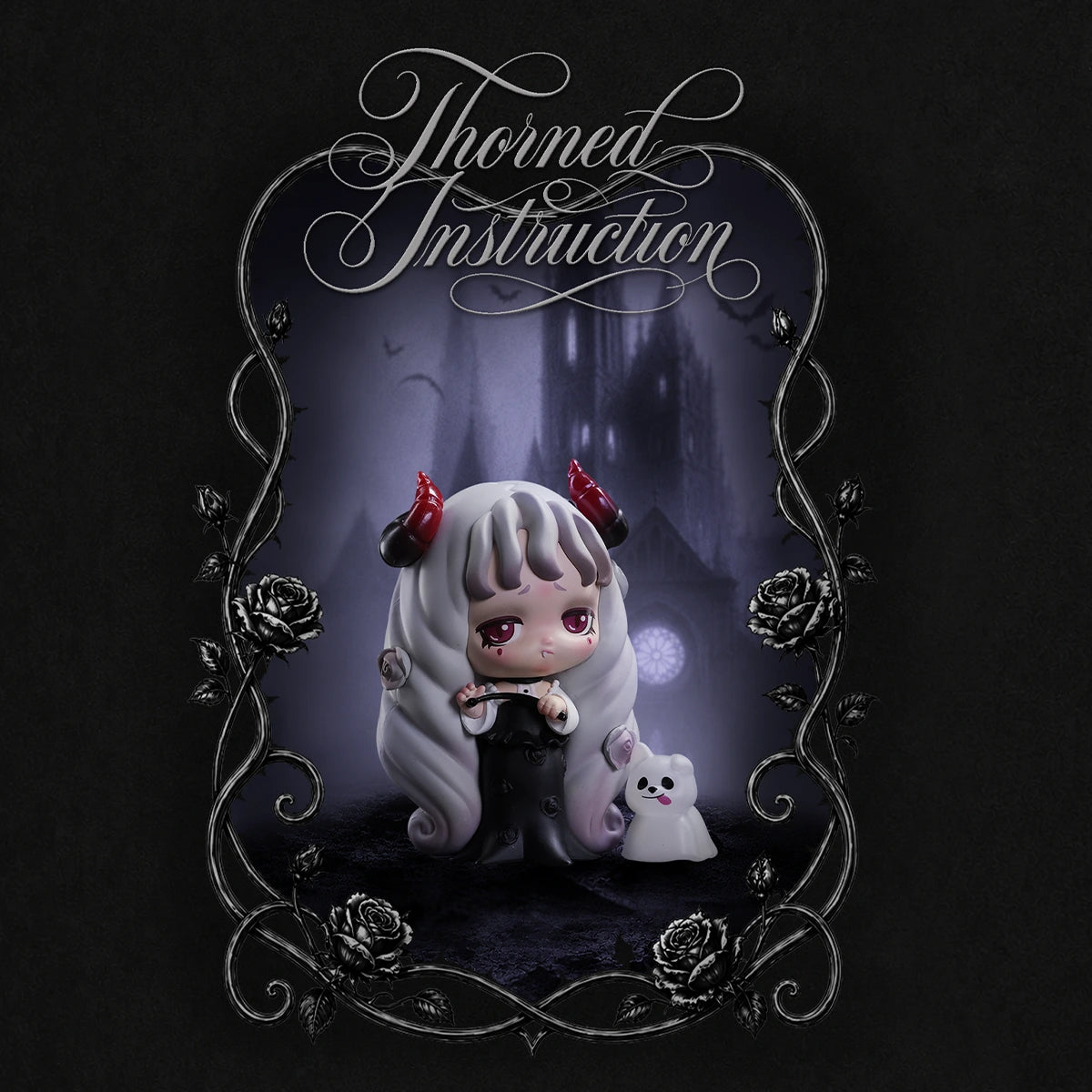 Thorned Instruction silver-haired girl with red horns beside a white ghost, Lilith Nocturnal Shroud