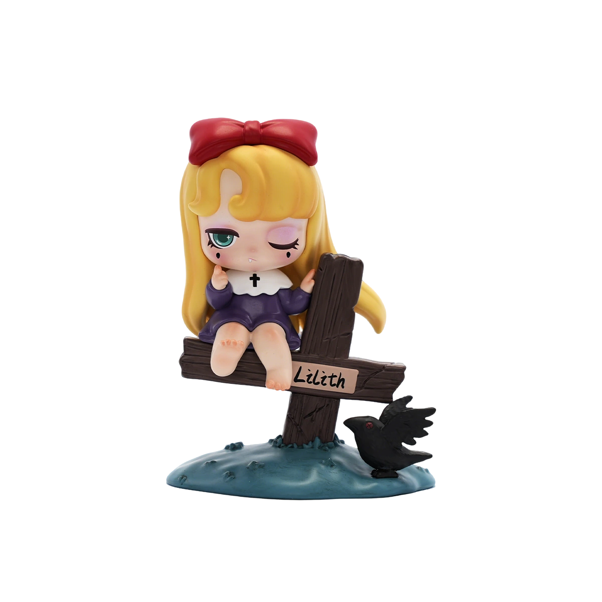 Sepulcher Warden blonde girl with red bow seated on a Lilith grave post, Lilith Nocturnal Shroud