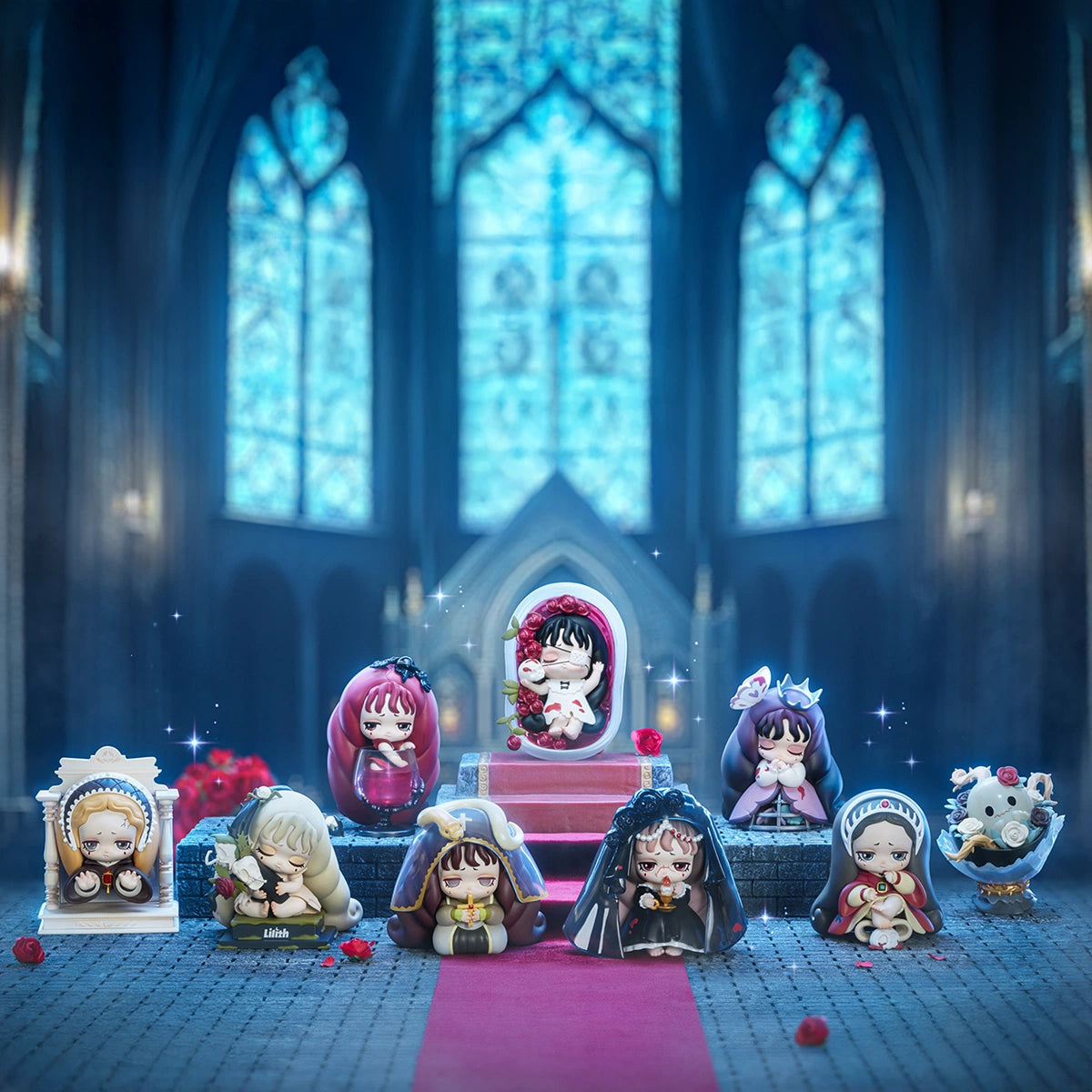 Full lineup of gothic Lilith The Century of Mary I doll figures in a stained-glass chapel, blind box