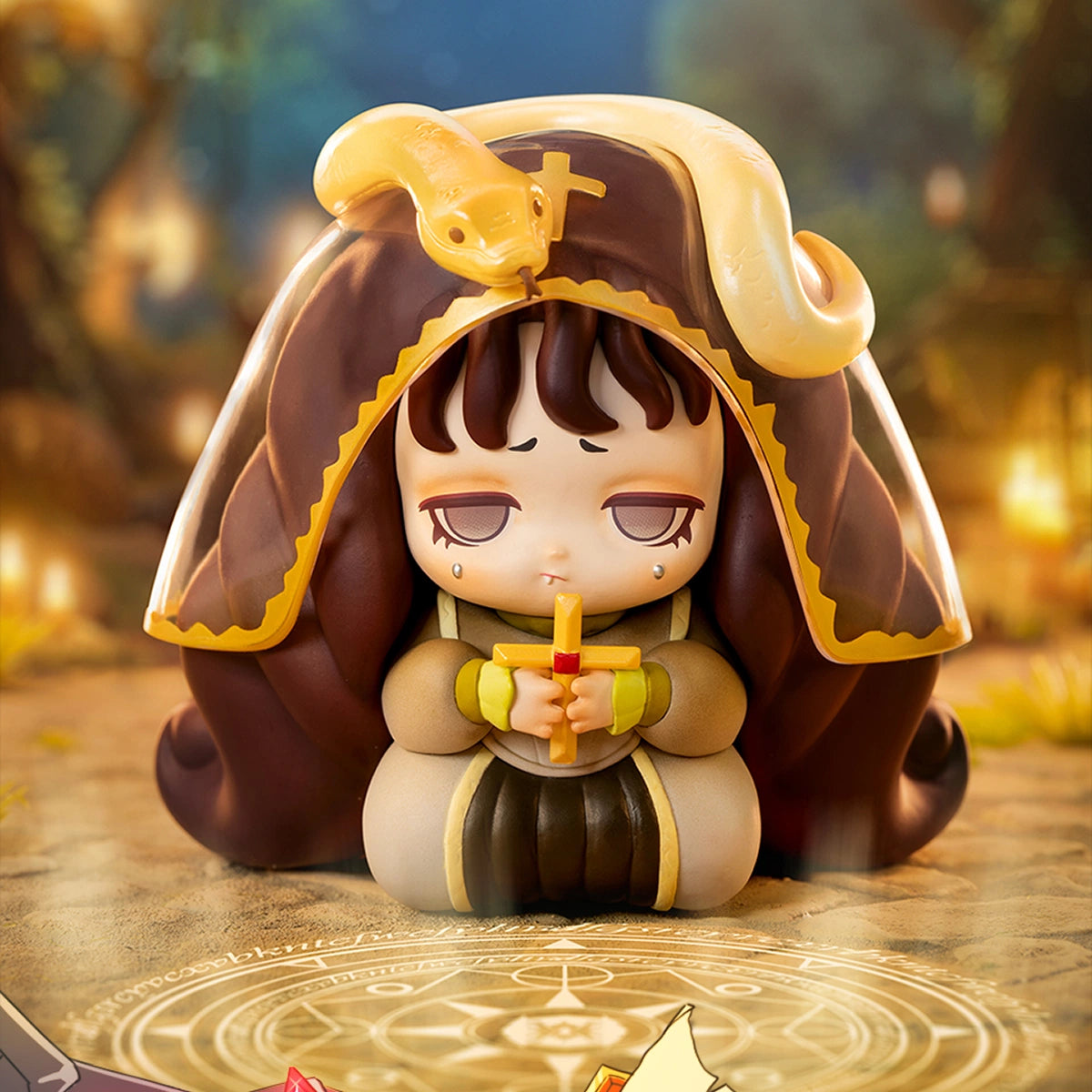 Secret Prayer girl kneeling under a hooded cloak with a yellow snake and gold cross, Lilith Century of Mary I