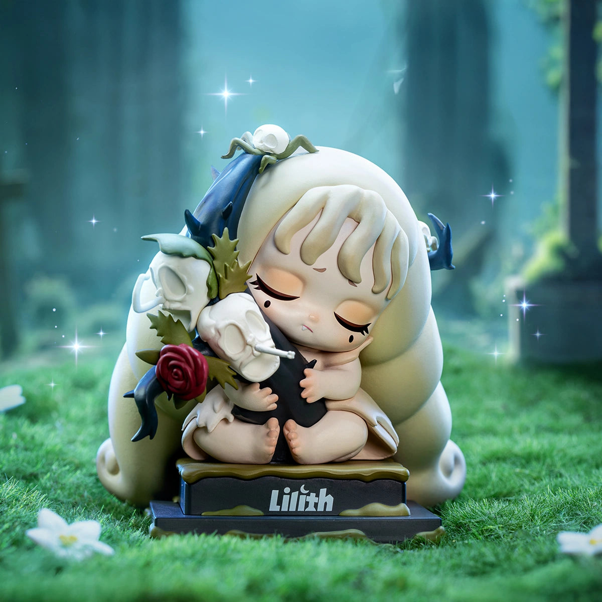 Hell's Flower girl hugging a white skull and dark bouquet on a Lilith base, The Century of Mary I