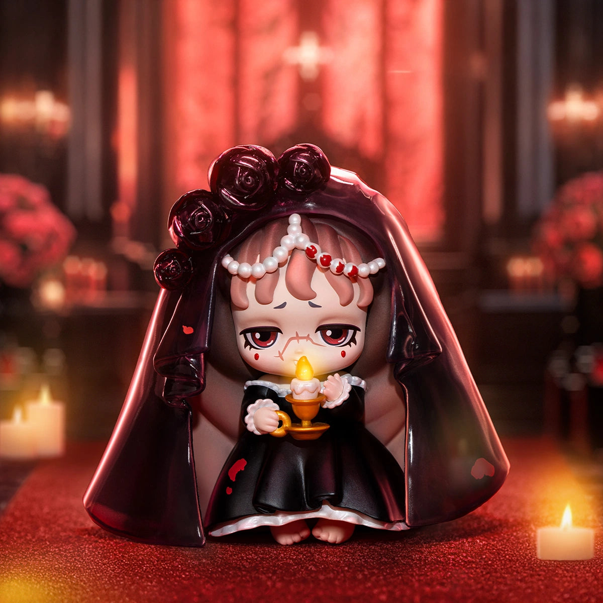 Ghostly Bouquet veiled girl with black roses holding a candle in a candlelit hall, Lilith Century of Mary I