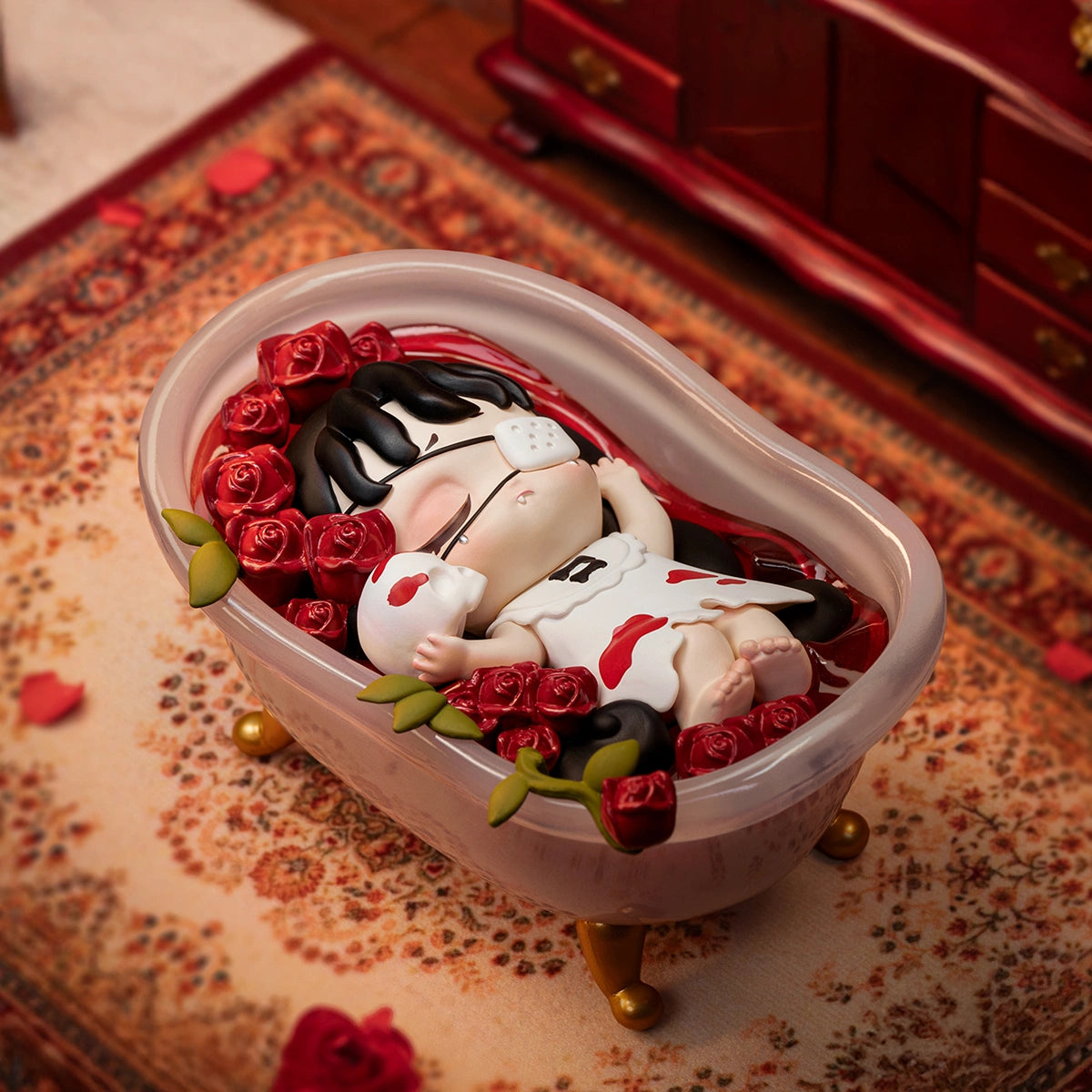 Rose Ritual Bath secret figure resting in a clawfoot tub of red roses and water, Lilith Century of Mary I