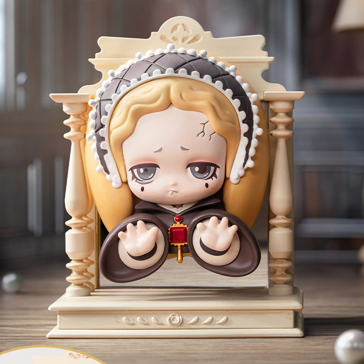 Mirror of the Apocalypse, blonde girl in white coif holding a red scroll in a mirror frame, Lilith Mary I