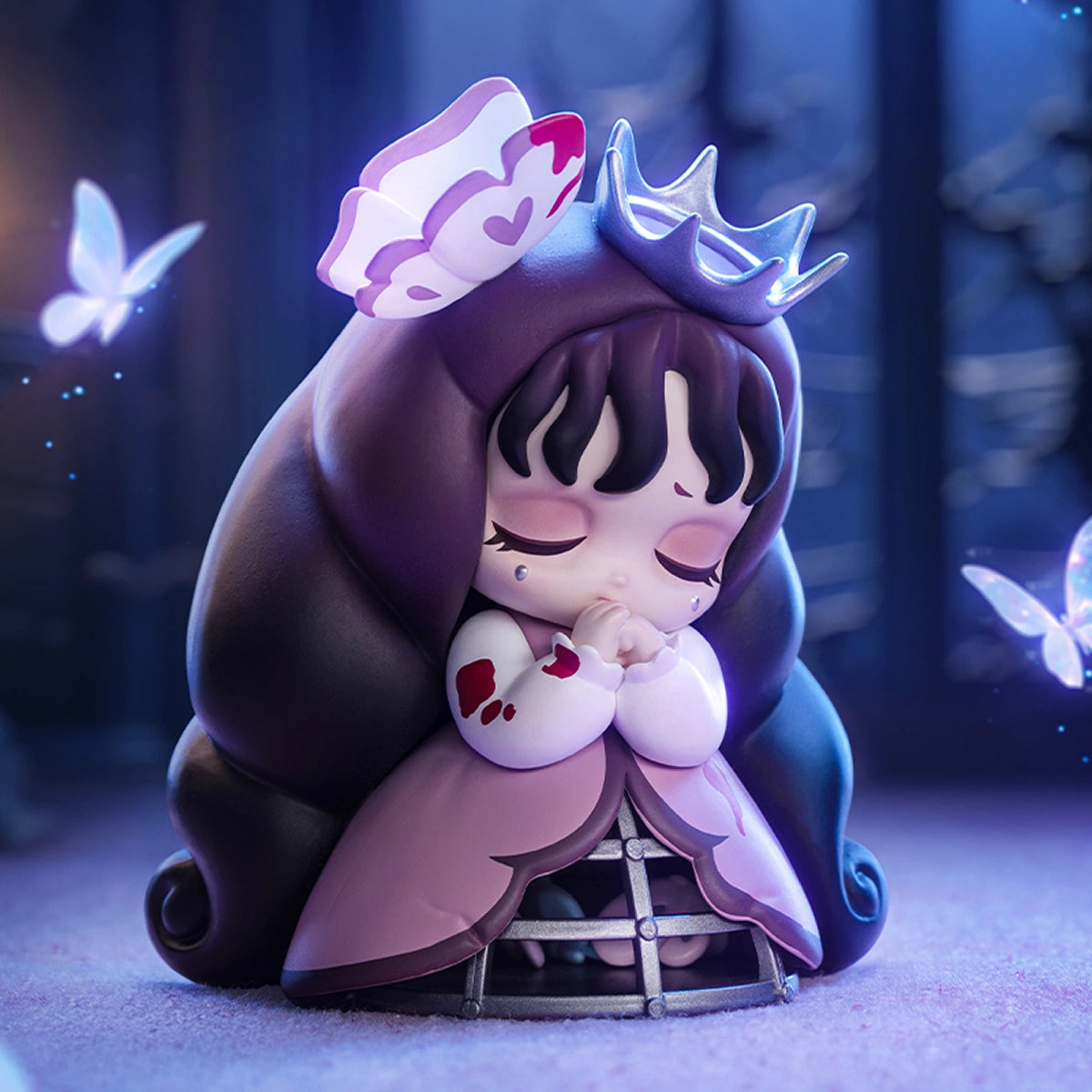 Butterfly Cage girl in a hooded crown praying among glowing butterflies, Lilith The Century of Mary I