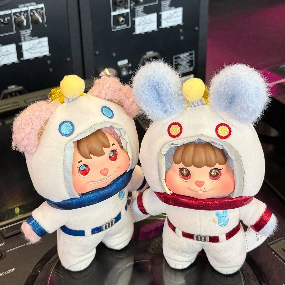 Little Buns white bear and rabbit astronaut plush characters standing together