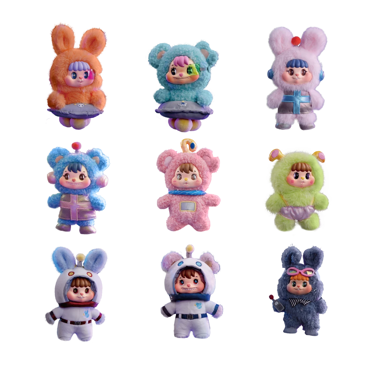Full set of nine Little Buns 20th-Century Space Fantasy plush keychains in space costumes, blind box