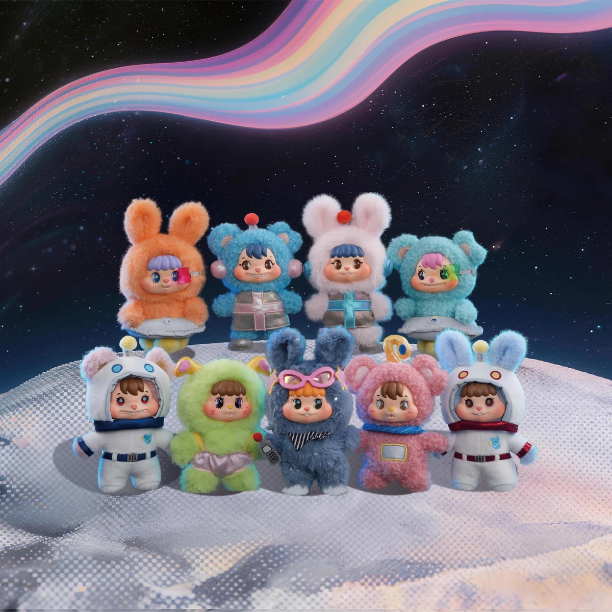 Lineup of all nine Little Buns Space Fantasy plush figures posed on a moon surface, blind box