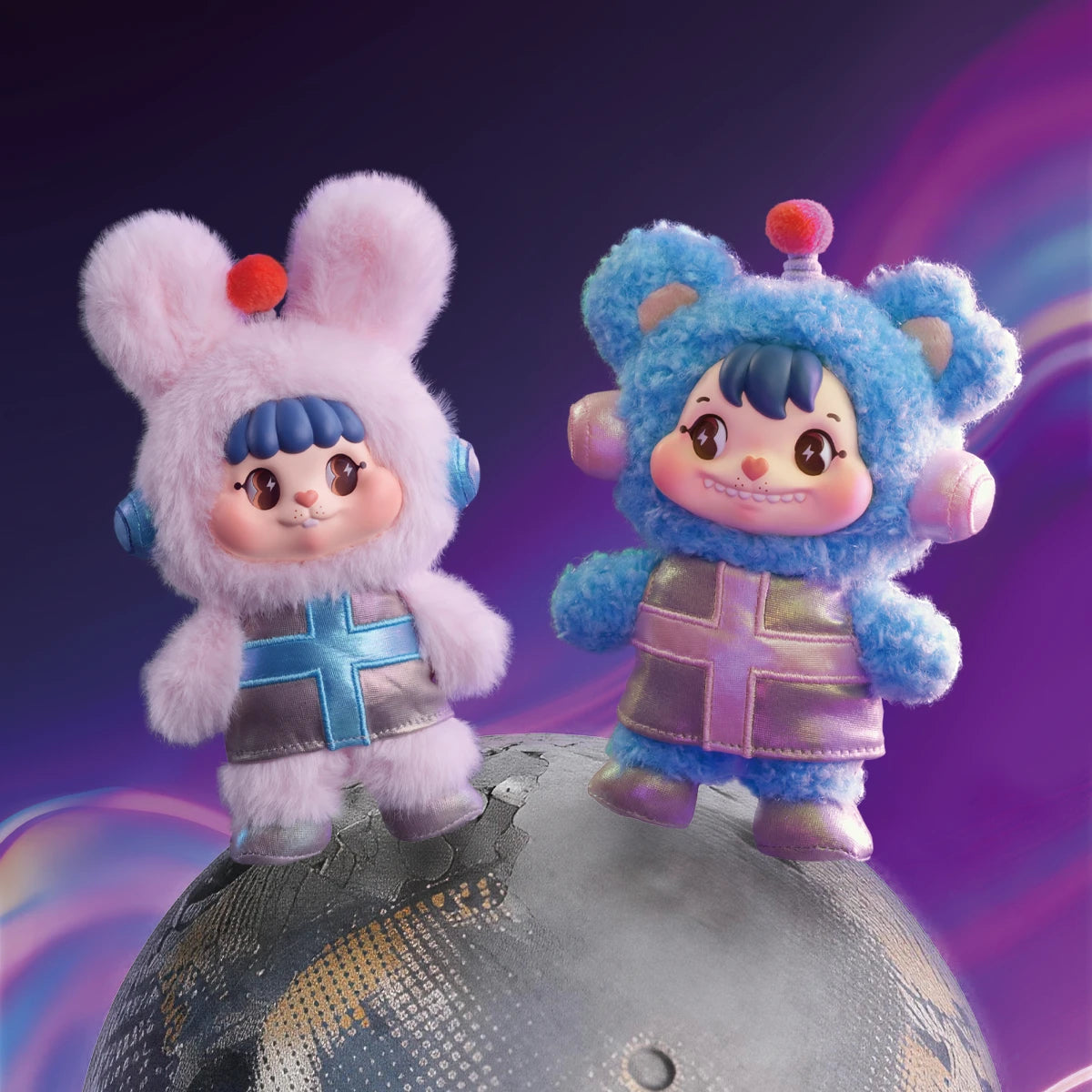 Deep Space Radio Bunny Bing and Bear Face plush in silver-and-pink spacesuits, Little Buns Space Fantasy