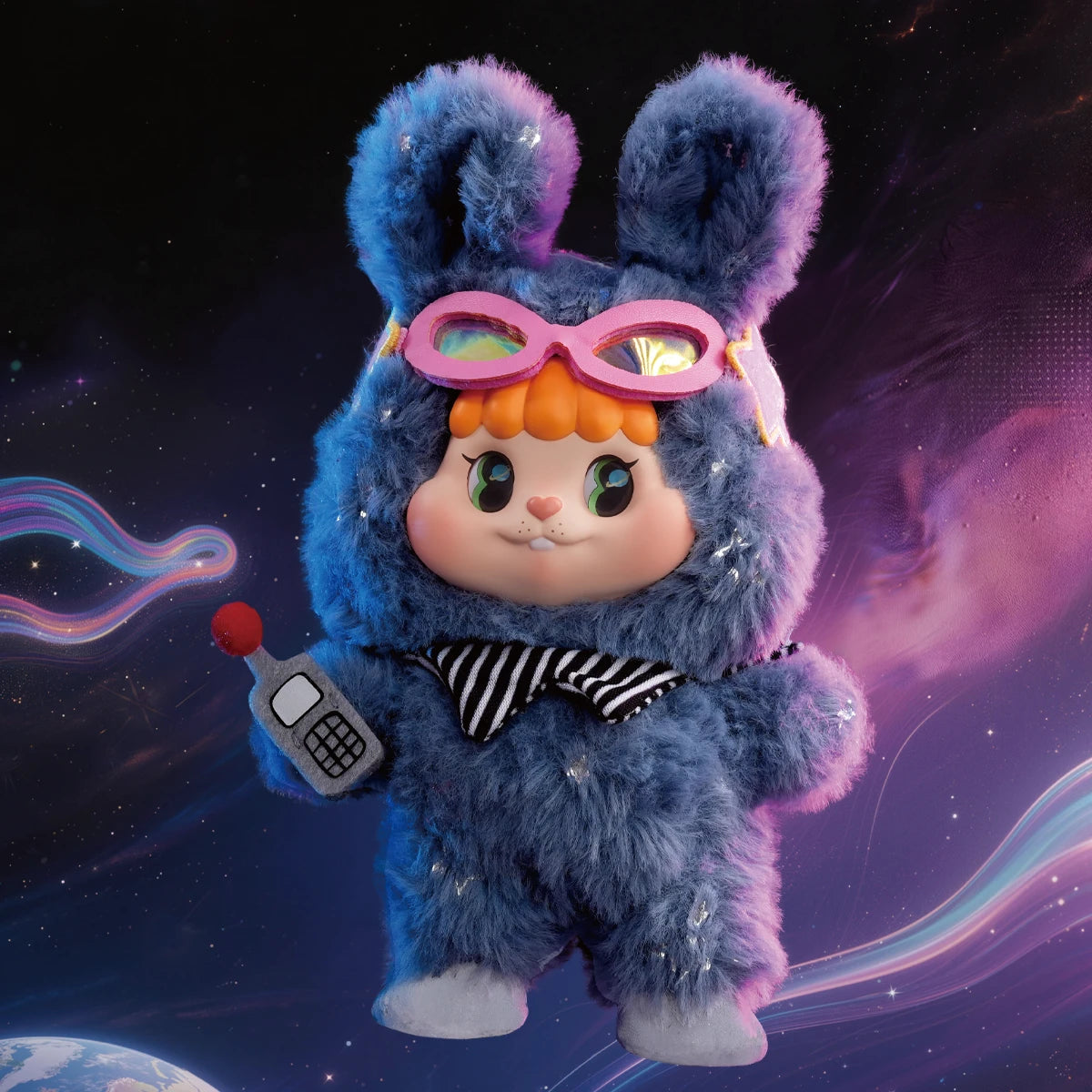 Secret blue bunny plush with pink cat-eye glasses and microphone, Little Buns Space Fantasy