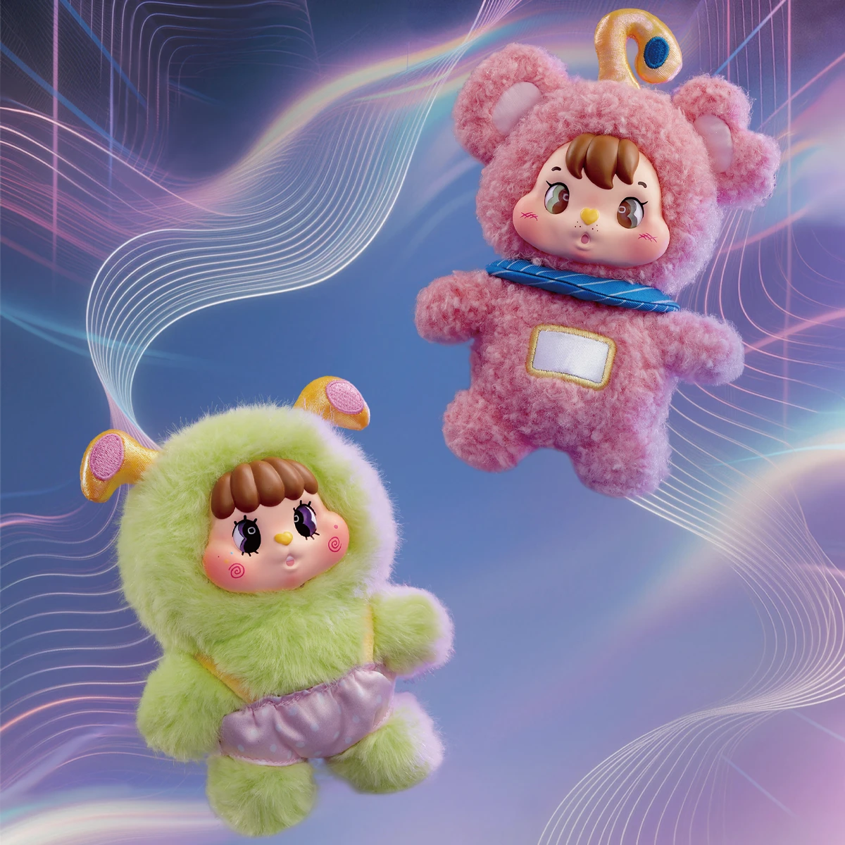 Soft Sensor Bear Face and Bunny Bing pastel plush with curled sensor antennae, Little Buns Space Fantasy