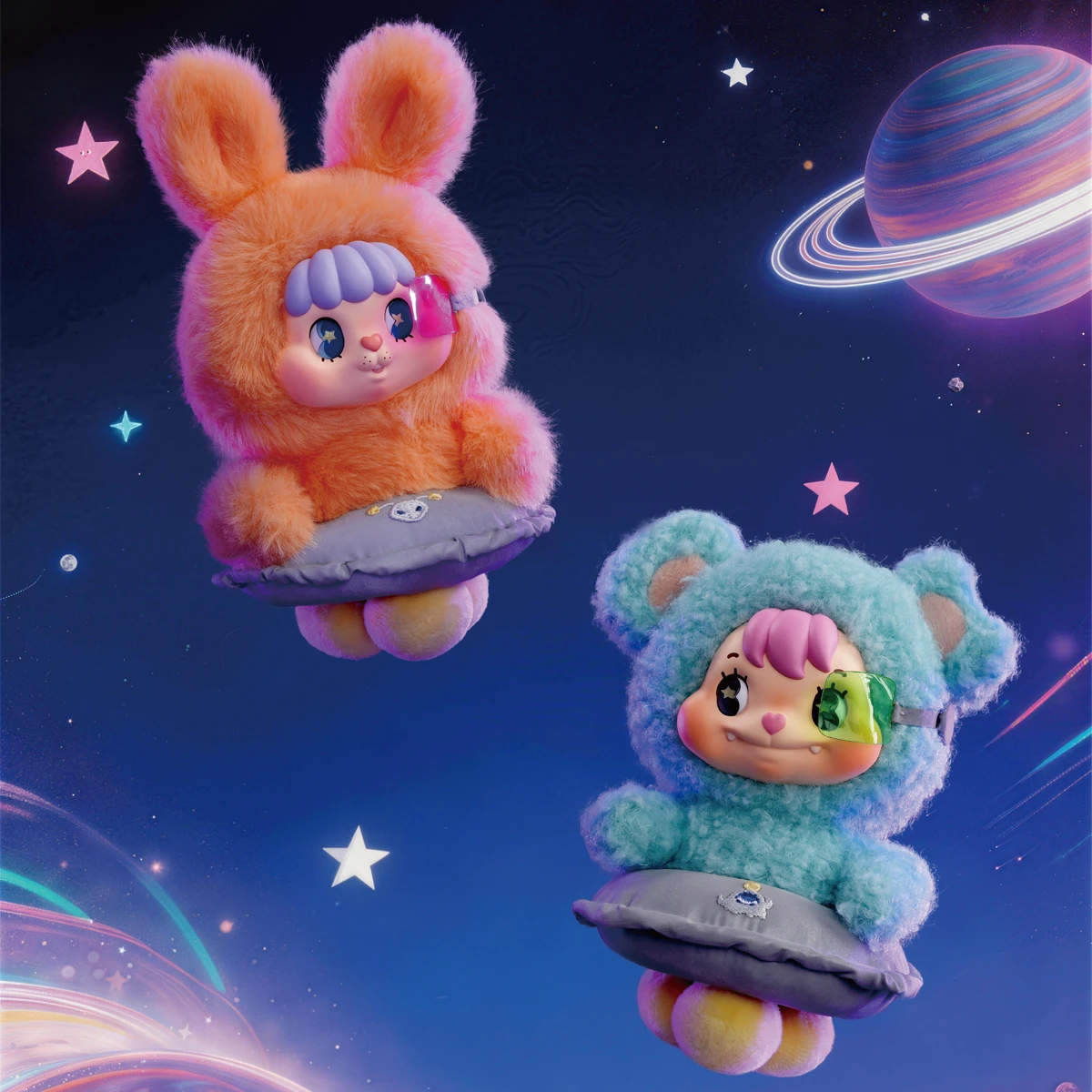 Orange Bunny Bing and teal Bear Face plush characters seated in gray flying-saucer costumes in space