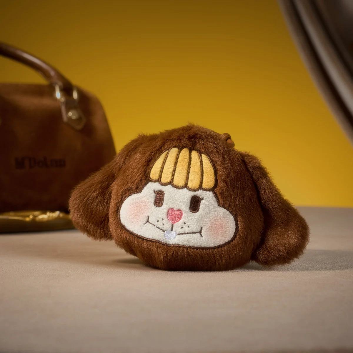 LITTLE BUNS brown bunny plush mirror charm with droopy ears and rosy-cheeked smiley face, Melting Together line