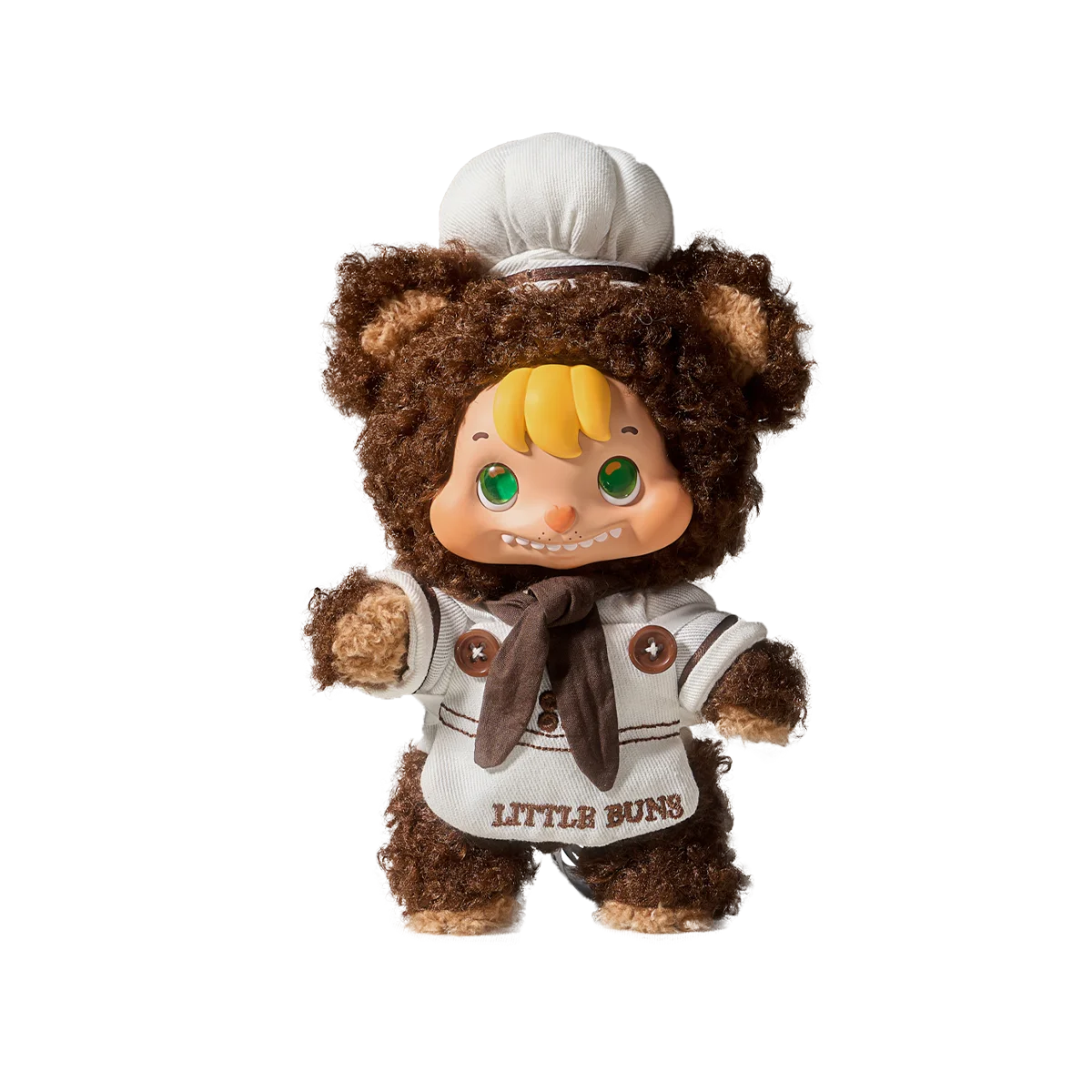 Plush doll in chocolate-brown bear hood and white LITTLE BUNS chef outfit with toque, Melting Together series