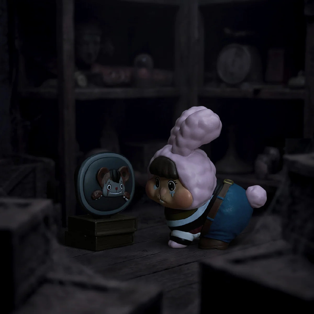 LITTLE BUNS The Conjuring Universe — Purple-eared bunny leaning toward a vintage television