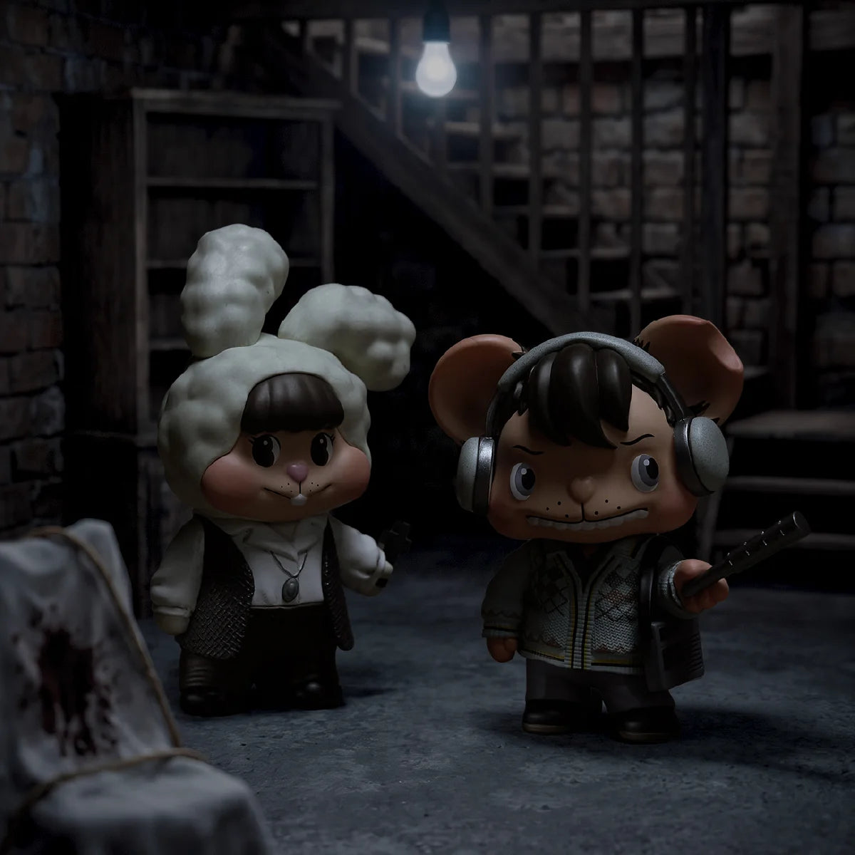LITTLE BUNS The Conjuring Universe — Two bunny figures in jackets beside a staircase