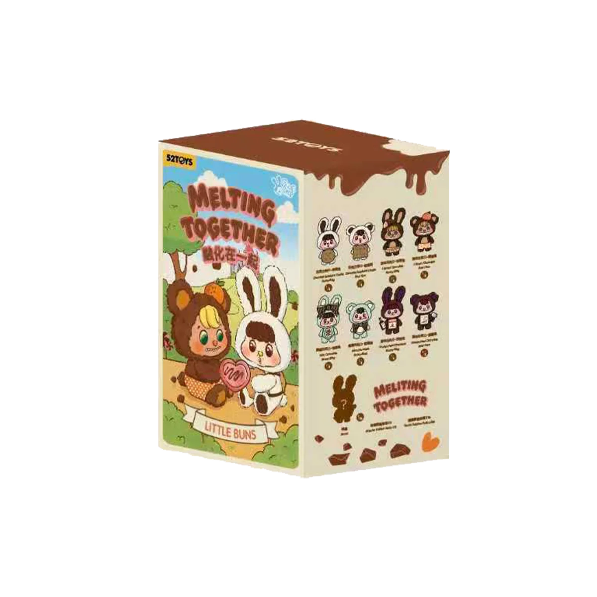 Little Buns Melting Together blind box packaging with chocolate drip art and figure lineup