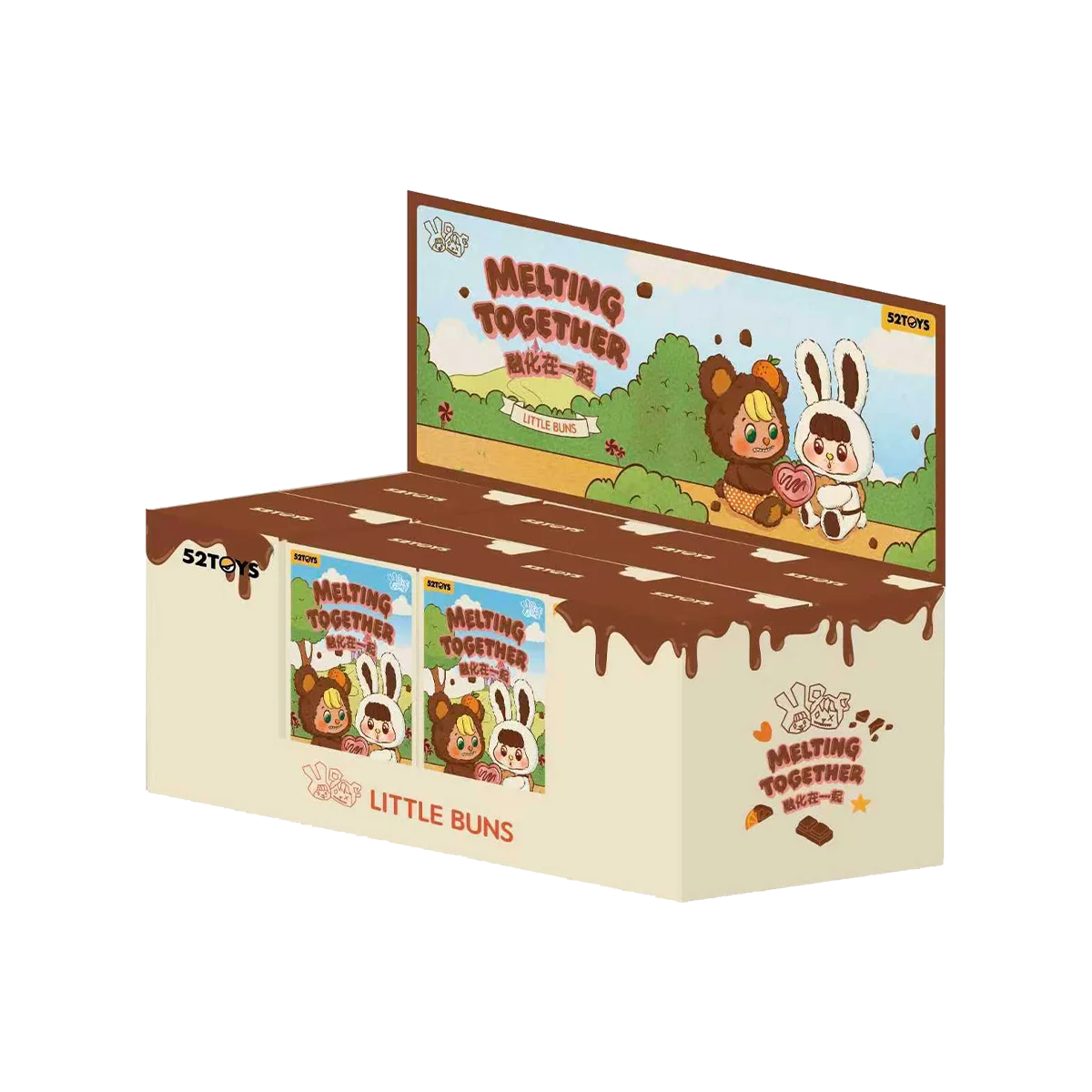 Little Buns Melting Together blind box display tray showing chocolate-themed bunny and bear art