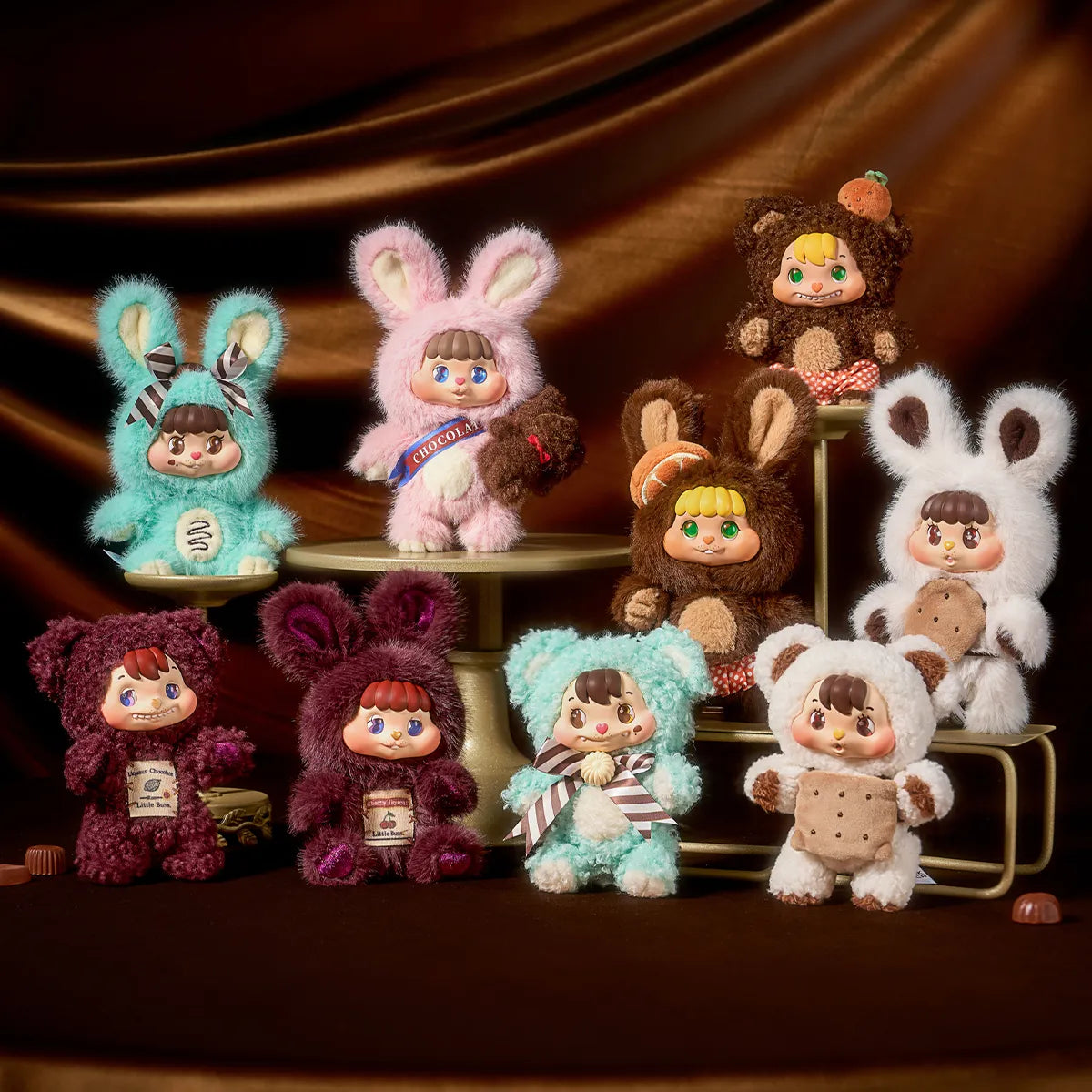 Full lineup of Little Buns Melting Together plush bunny and bear pairs in chocolate flavors, blind box